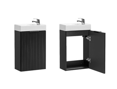 Bathroom Vanity Unit 400mm Ribbed Black Modern Wall Sink Cloakroom Basin Slimline Narrow Cabinet Adel