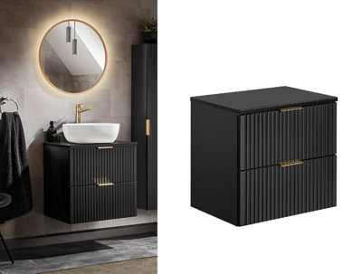 Bathroom Vanity Unit 600mm Countertop Ribbed Fluted Black Modern Wall Hung Cabinet with Drawers Adel