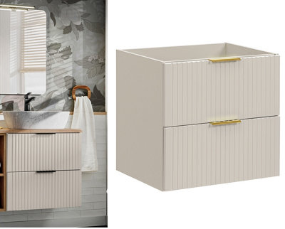 Bathroom Vanity Unit 600mm Modern Wall Floating Fluted Ribbed Beige Cashmere Drawer Cabinet with Storage Adel