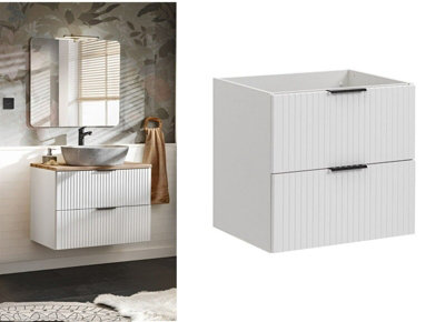 Bathroom Vanity Unit 600mm White Cabinet Modern Wall Hung Floating Drawers Ribbed Fluted Adel