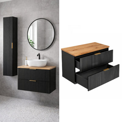 Bathroom Vanity Unit 800mm Oak Effect Countertop Ribbed Black Wall Hung ...