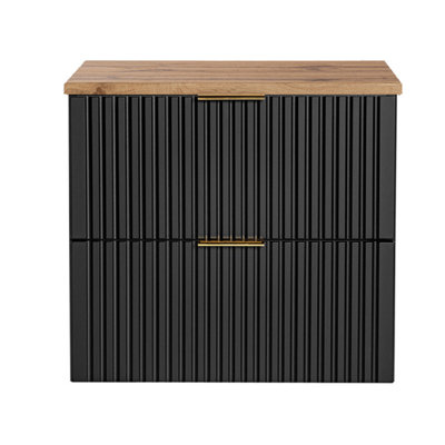Bathroom Vanity Unit 800mm Oak Effect Countertop Ribbed Black Wall Hung ...