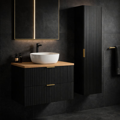 Bathroom Vanity Unit 800mm Oak Effect Countertop Ribbed Black Wall Hung ...