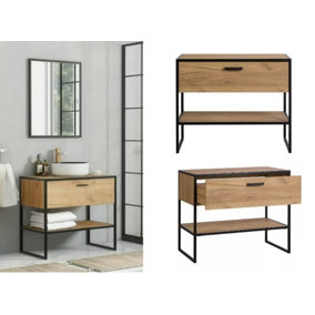 Bathroom Vanity Unit 900mm Countertop Sink Drawer Floor Cabinet Industrial Black Steel Oak Loft Freestanding Brook