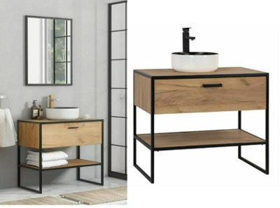 Bathroom Vanity Unit 900mm Drawer Floor Cabinet with Basin Countertop Industrial Black Steel Oak Loft Freestanding Brook