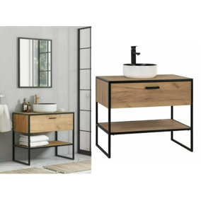 Bathroom Vanity Unit 900mm Drawer Floor Cabinet with Basin Countertop Industrial Black Steel Oak Loft Freestanding Brook