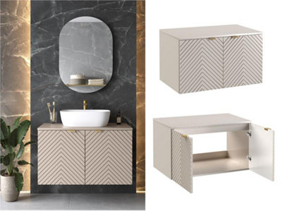 Bathroom Vanity Unit Wall Hung 800mm Countertop Cabinet Fluted Ribbed Cashmere Beige Cara