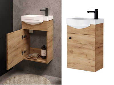 Bathroom Vanity Unit with Basin 400mm Cloakroom Small Slim Sink Cabinet Wall Hung Oak Finish Avir Price Comparisons | Compare The Build