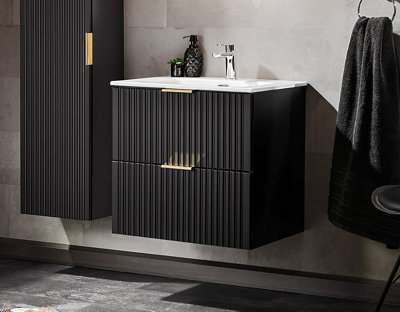 Bathroom Vanity Unit with Basin Black Wall Hung 600mm Drawer Cabinet ...