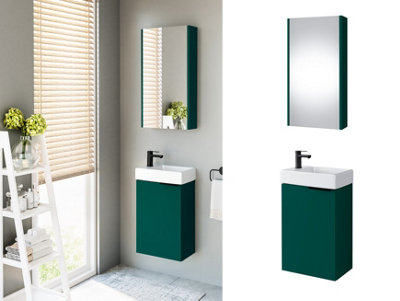 Bathroom Vanity Unit with Sink 400mm Wall Mounted Cloakroom Cabinet Dark Green Black Handle Avir