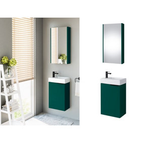 Bathroom Vanity Unit with Sink 400mm Wall Mounted Cloakroom Cabinet Dark Green Black Handle Avir
