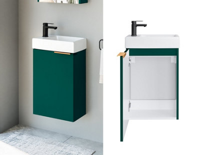 Bathroom Vanity Unit with Sink 400mm Wall Mounted Cloakroom Cabinet Dark Green Gold Handle Avir