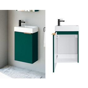 Bathroom Vanity Unit with Sink 400mm Wall Mounted Cloakroom Cabinet Dark Green Gold Handle Avir