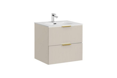 Bathroom Vanity Unit with Sink Basin 600mm Ribbed Fluted Beige Cashmere ...
