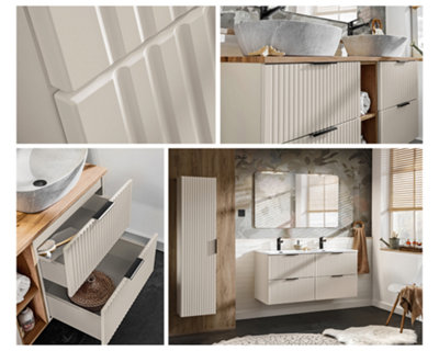 Bathroom Vanity Unit with Sink Basin 600mm Ribbed Fluted Beige Cashmere ...