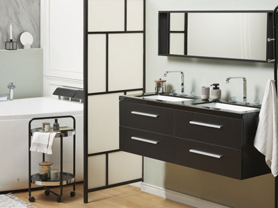 Bathroom Vanity with 4 Drawers, Double Sink and Mirror - MALAGA Black