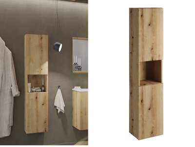 Bathroom Wall Cabinet Tall Slim 2 Door Floating Storage Unit Oak Effect Narrow Tallboy Nova