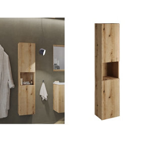 Bathroom Wall Cabinet Tall Slim 2 Door Floating Storage Unit Oak Effect Narrow Tallboy Nova