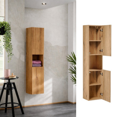 Bathroom Wall Cabinet Tall Slim 2 Door Floating Storage Unit Oak Effect ...