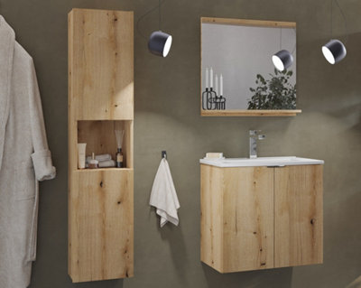 Bathroom Wall Cabinet Tall Slim 2 Door Floating Storage Unit Oak Effect Nova
