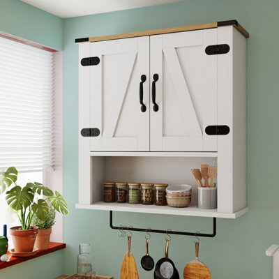 Bathroom Wall Cabinet with Towel Bar Farmhouse Medicine Cabinet-White