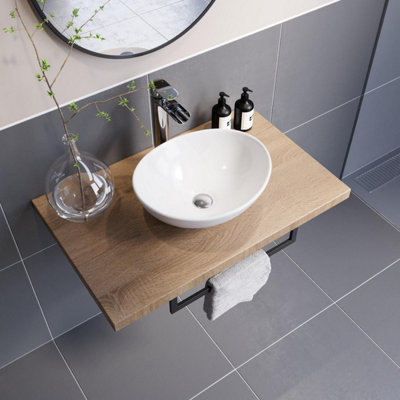 Wall Hung Bathroom Vanity Unit - 500mm Floating Shelf With Black Basin & Towel Rail, Oak Wood Finish, Made In Italy-794091