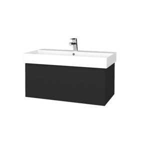 Bathroom Wall Hung Vanity Unit Matt Carbon And Basin Ceramic Sink White 805x355mm