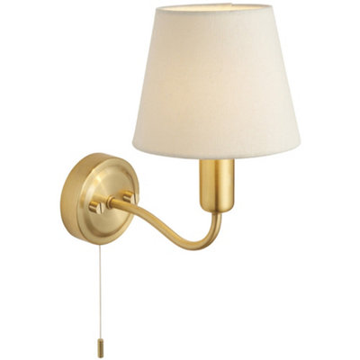 Bathroom Wall Light Fitting Satin Brass Plate & Ivory Fabric Shade