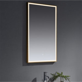 Bathroom Wall Mirror - Rectangular 1000 x 600mm - Brushed Brass Rectangular Wall Mirror - LED Light Lights - Bluetooth Speakers