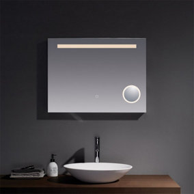 Bathroom Wall Mirror - Rectangular 800 x 600 mm - LED Light (3 Tone) - Anti Fog Demister - Magnifying Mirror