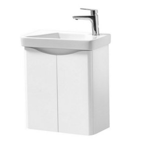 Bathroom Wall Mounted 2 Door Cloakroom Unit and Ceramic Basin 500mm Wide - Gloss White - (Arch) - Brassware Not Included
