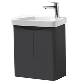 Bathroom Wall Mounted 2 Door Cloakroom Unit and Ceramic Basin 500mm Wide - Matt Graphite - (Arch) - Brassware Not Included