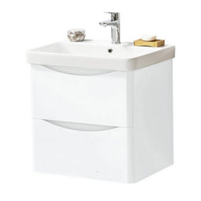 Bathroom Wall Mounted 2-Drawer Vanity Unit with Basin 600mm Wide - Gloss White - (Arch) - Brassware Not Included