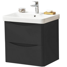 Bathroom Wall Mounted 2-Drawer Vanity Unit with Basin 600mm Wide - Matt Graphite - (Arch) - Brassware Not Included