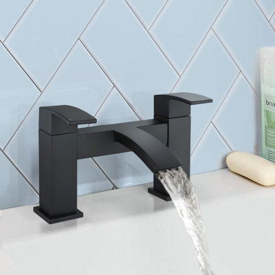 Bathroom WATERFALL Black Matt Basin Sink Mono Mixer & Bath Filler Mixer Tap Lever Tap