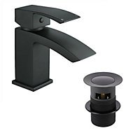 Bathroom Waterfall Black Matt Basin Sink Mono Mixer Single Lever Tap & Waste