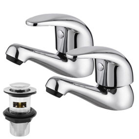 BATHWEST Basin Taps Pair & Waste Chrome Brass 1/2" Bathroom Basin Pillar Taps with Drain