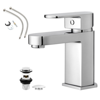 BATHWEST Bathroom Sink Taps with Pop Up Waste Mono Chrome Brass Basin Tap with Drainer