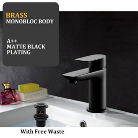 BATHWEST Black Basin Taps with Pop Up Waste Modern Monobloc Chrome Brass Matte Black Bathroom Sink Taps