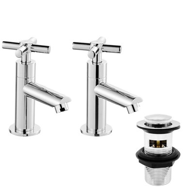 BATHWEST Chrome Basin Cross Sink Taps Pair of Bathroom Sink Mixers Tap Brass Main Body with Waste