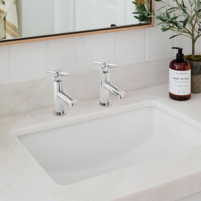 BATHWEST Chrome Basin Cross Sink Taps Pair of Bathroom Sink Mixers Tap Brass Main Body with Waste