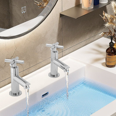 BATHWEST Chrome Basin Cross Sink Taps Pair of Bathroom Sink Mixers Tap Brass Main Body