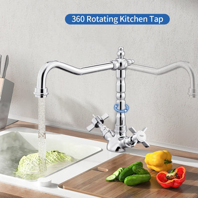 BATHWEST Kitchen Mixer Tap 360 Swivel Spout with Twin Levers Victoria Kitchen Sink Mixer Taps Faucet