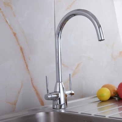BATHWEST Kitchen Mixer Tap Dual Lever Swivel Spout Chrome Sink Taps Monobloc Two Handle Faucet