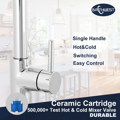 Bathwest Kitchen Mixer Taps with Pull Out Sprayer, Swivel Single Handle High Arc Pull Down Stainless Steel Sink Faucet