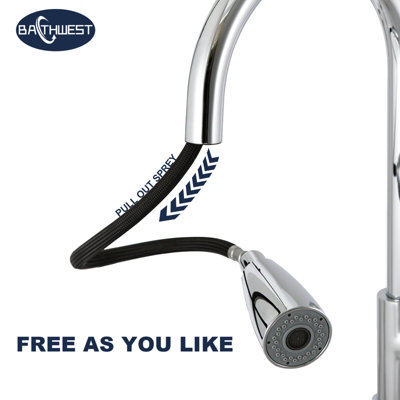 Bathwest Kitchen Mixer Taps with Pull Out Sprayer, Swivel Single Handle High Arc Pull Down Stainless Steel Sink Faucet