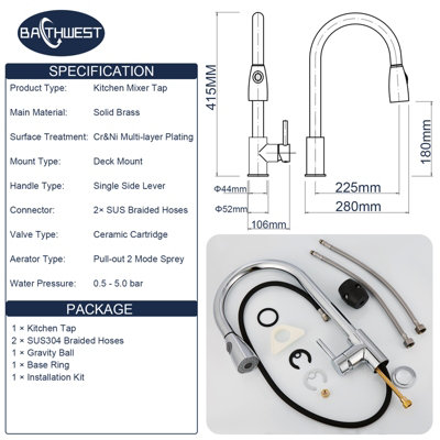 Bathwest Kitchen Mixer Taps with Pull Out Sprayer, Swivel Single Handle High Arc Pull Down Stainless Steel Sink Faucet