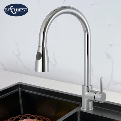 Bathwest Kitchen Mixer Taps with Pull Out Sprayer, Swivel Single Handle High Arc Pull Down Stainless Steel Sink Faucet