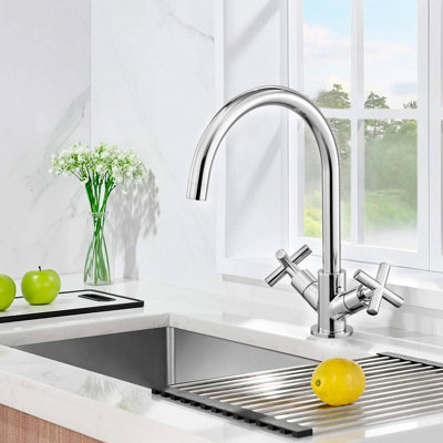 BATHWEST Kitchen Sink Tap Mixer 2 Cross Handle Swivel Spout Tap Sink  Faucet Chrome Brass