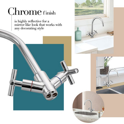BATHWEST Kitchen Sink Tap Mixer 2 Cross Handle Swivel Spout Tap Sink  Faucet Chrome Brass